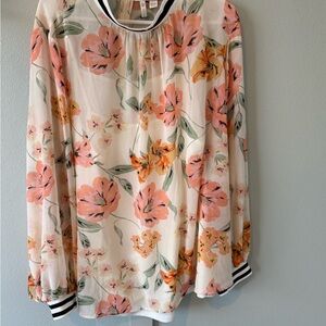 Cato Peach & White Floral Long-Sleeve Blouse with Striped Trim